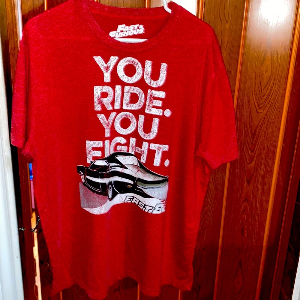 Vintage tee-shirt . Red/white/black/grey Race car.